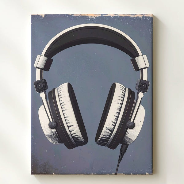 Minimal Headset Canvas – Vintage-Inspired Audio Art on Blue-Gray - Gifitto