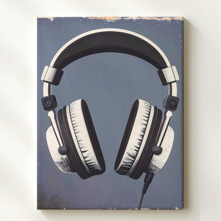 Minimal Headset Canvas – Vintage-Inspired Audio Art on Blue-Gray - Gifitto