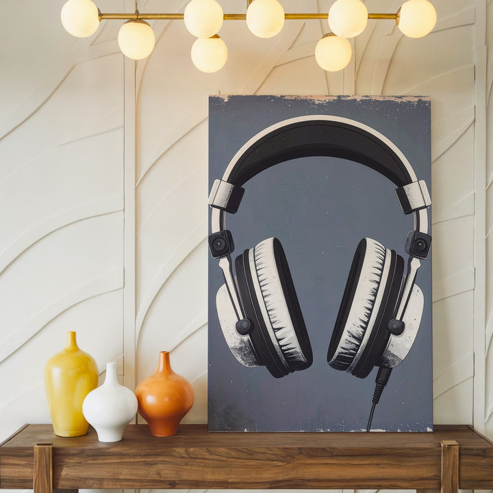 Minimal Headset Canvas – Vintage-Inspired Audio Art on Blue-Gray - Gifitto