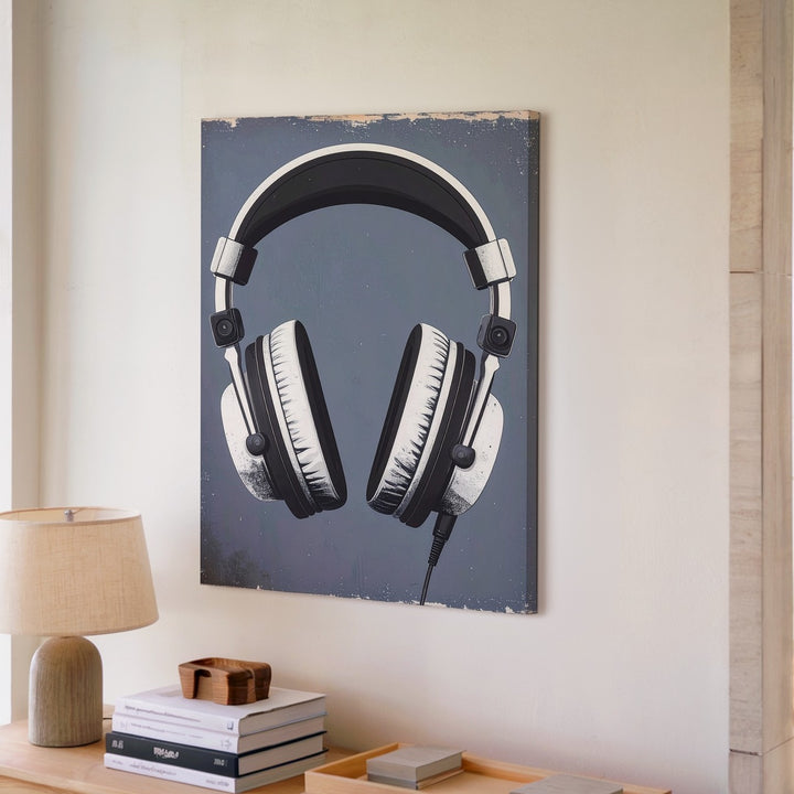 Minimal Headset Canvas – Vintage-Inspired Audio Art on Blue-Gray - Gifitto