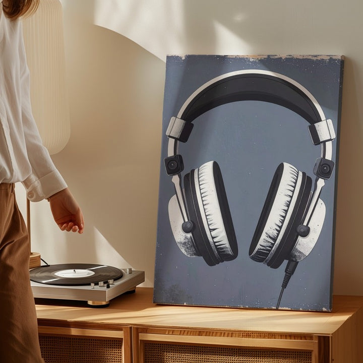 Minimal Headset Canvas – Vintage-Inspired Audio Art on Blue-Gray - Gifitto