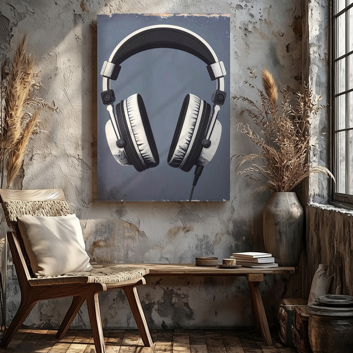 Minimal Headset Canvas – Vintage-Inspired Audio Art on Blue-Gray - Gifitto
