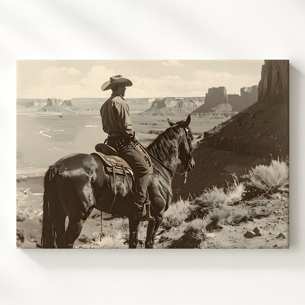 Cowboy in the Desert Canvas – Vintage Sepia Western Landscape Art - Gifitto