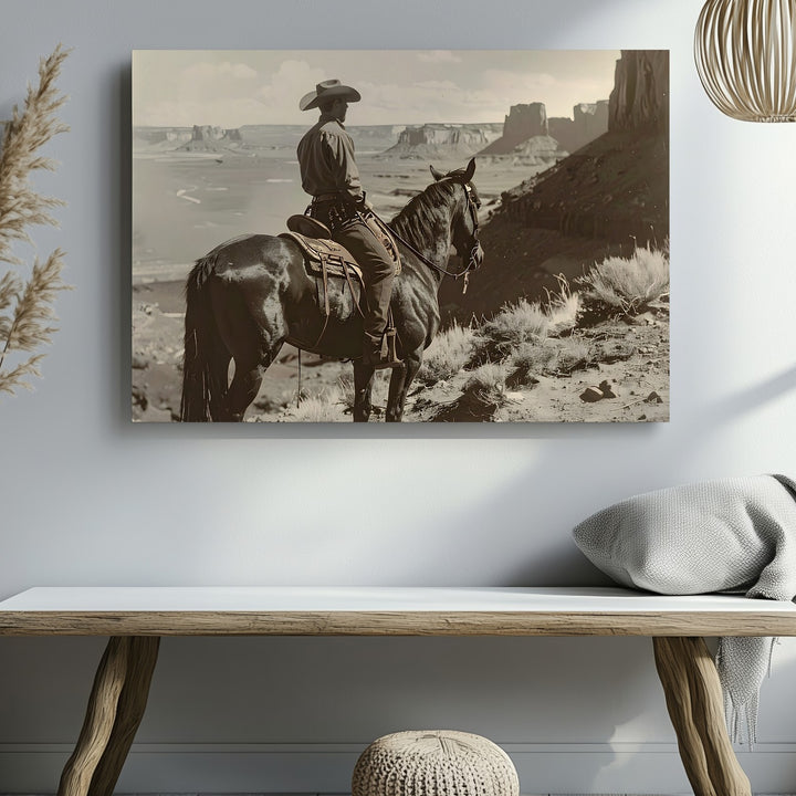 Cowboy in the Desert Canvas – Vintage Sepia Western Landscape Art - Gifitto