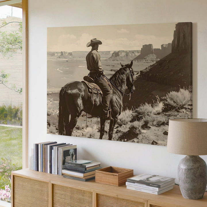 Cowboy in the Desert Canvas – Vintage Sepia Western Landscape Art - Gifitto
