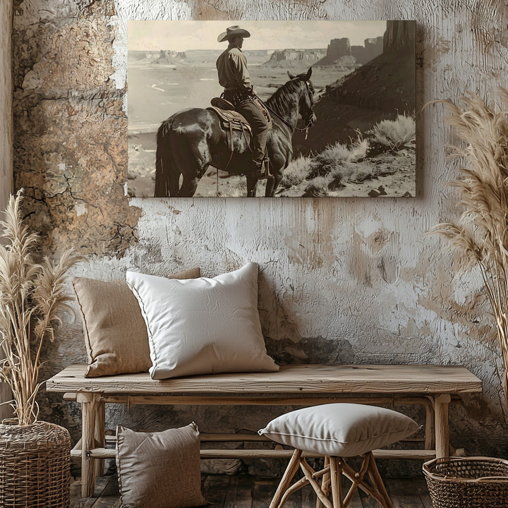 Cowboy in the Desert Canvas – Vintage Sepia Western Landscape Art - Gifitto