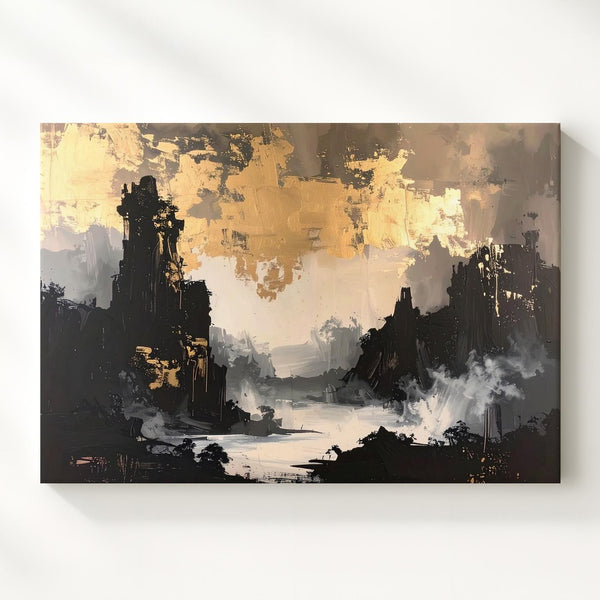 Golden Mist Canvas – Ethereal Abstract Art with Gold and Black Tones - Gifitto