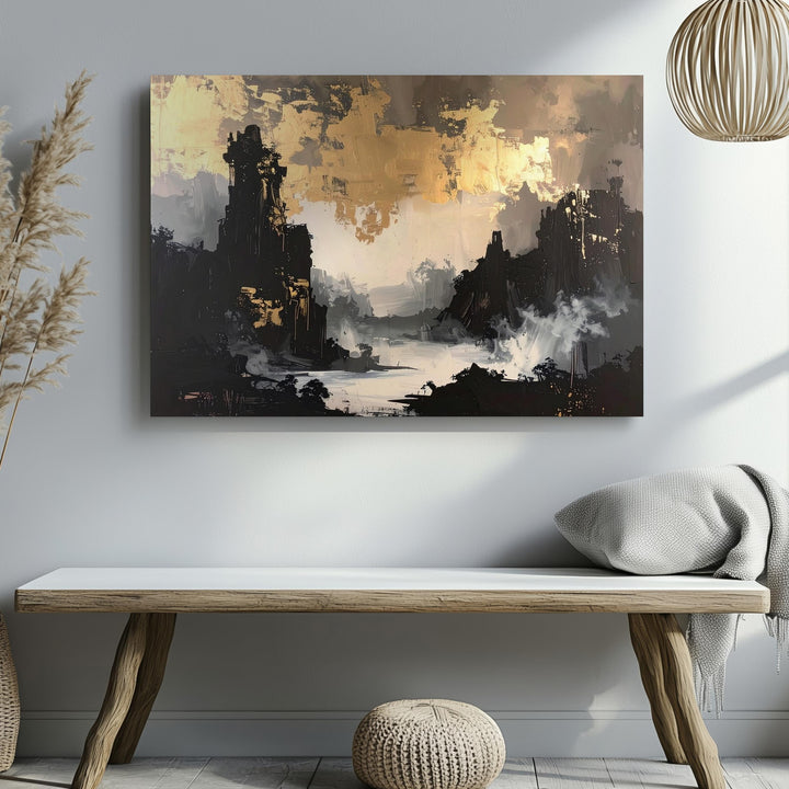 Golden Mist Canvas – Ethereal Abstract Art with Gold and Black Tones - Gifitto