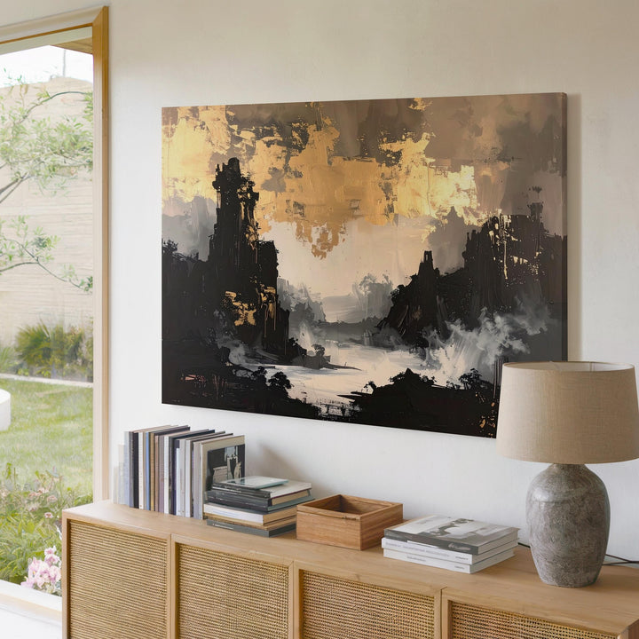 Golden Mist Canvas – Ethereal Abstract Art with Gold and Black Tones - Gifitto