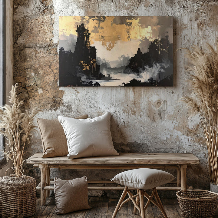 Golden Mist Canvas – Ethereal Abstract Art with Gold and Black Tones - Gifitto