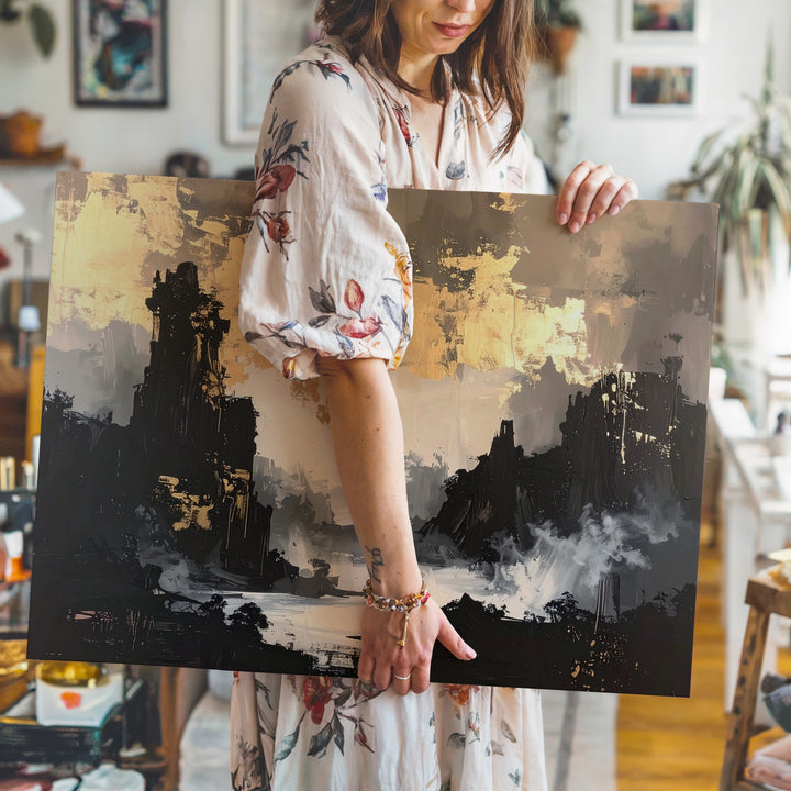 Golden Mist Canvas – Ethereal Abstract Art with Gold and Black Tones - Gifitto