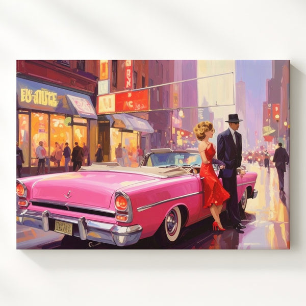 Neon Arrival Canvas – Glamorous Couple & Pink Convertible in Retro City Night - Gifitto