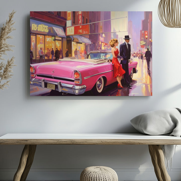 Neon Arrival Canvas – Glamorous Couple & Pink Convertible in Retro City Night - Gifitto