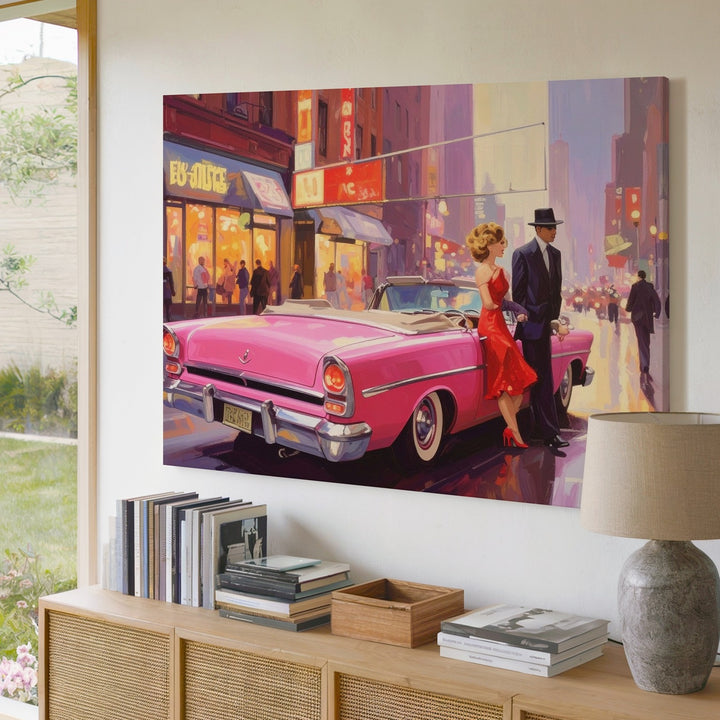 Neon Arrival Canvas – Glamorous Couple & Pink Convertible in Retro City Night - Gifitto