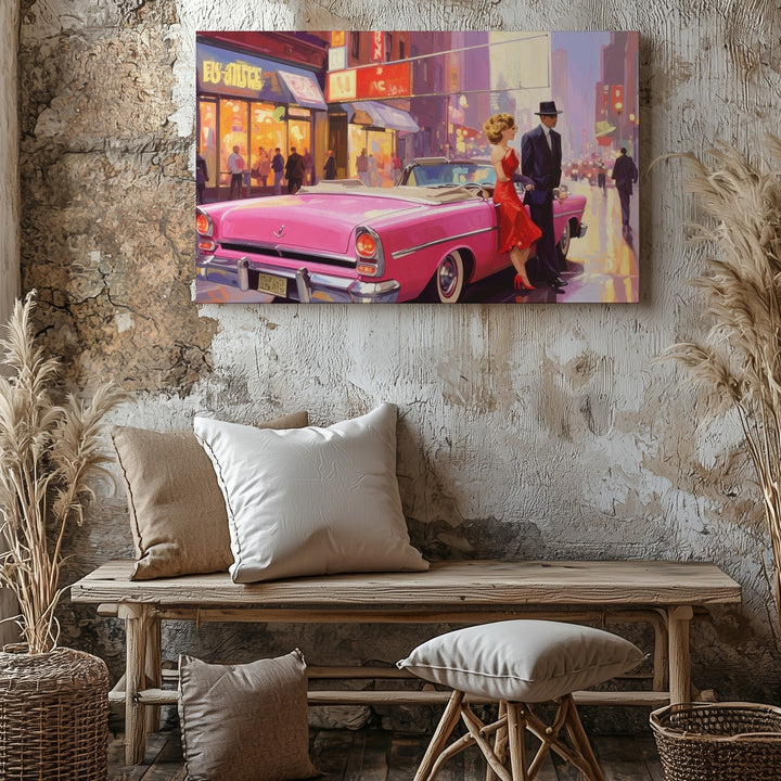 Neon Arrival Canvas – Glamorous Couple & Pink Convertible in Retro City Night - Gifitto