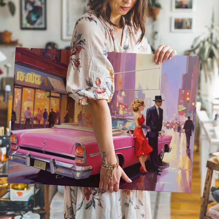 Neon Arrival Canvas – Glamorous Couple & Pink Convertible in Retro City Night - Gifitto