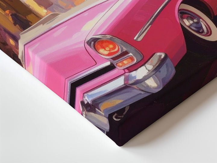 Neon Arrival Canvas – Glamorous Couple & Pink Convertible in Retro City Night - Gifitto