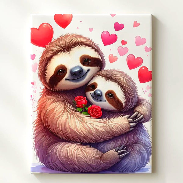 Sloth Love Canvas – Sweet Hugging Sloths with Hearts and Rose - Gifitto