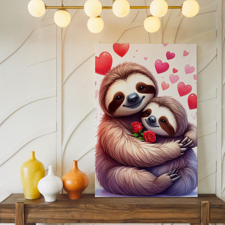 Sloth Love Canvas – Sweet Hugging Sloths with Hearts and Rose - Gifitto