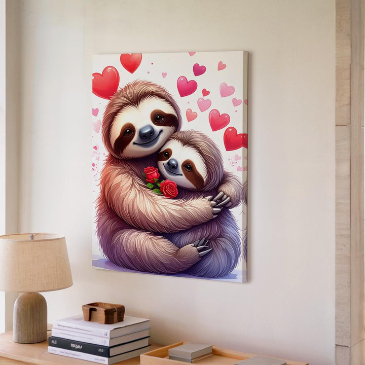 Sloth Love Canvas – Sweet Hugging Sloths with Hearts and Rose - Gifitto
