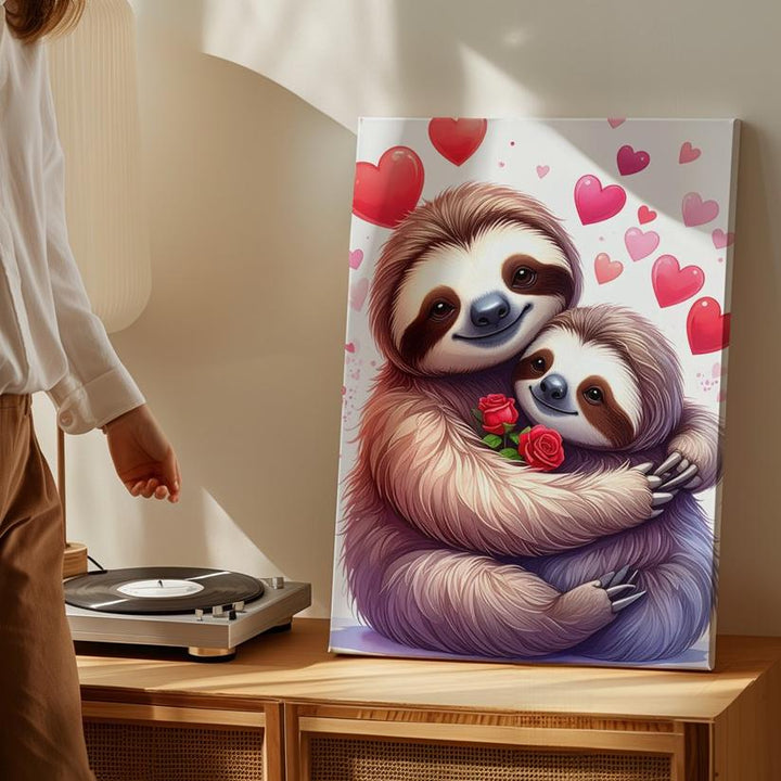Sloth Love Canvas – Sweet Hugging Sloths with Hearts and Rose - Gifitto