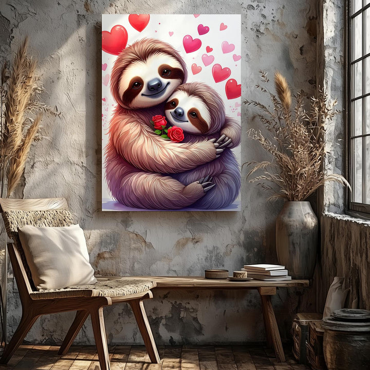 Sloth Love Canvas – Sweet Hugging Sloths with Hearts and Rose - Gifitto
