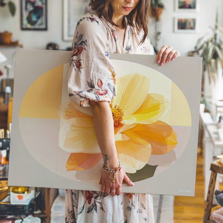 Radiant Yellow Bloom Canvas – Minimalist Floral Oval Wall Art - Gifitto