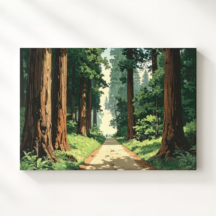 Redwood Journey Canvas – Stylized Forest Trail Through Towering Trees - Gifitto
