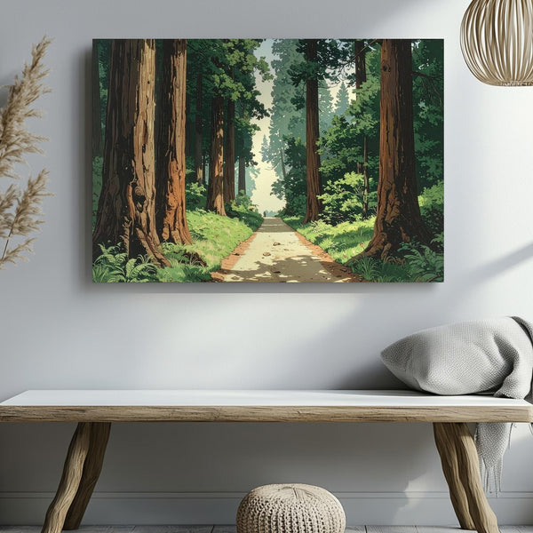 Redwood Journey Canvas – Stylized Forest Trail Through Towering Trees - Gifitto