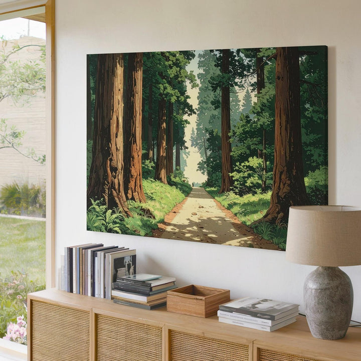 Redwood Journey Canvas – Stylized Forest Trail Through Towering Trees - Gifitto