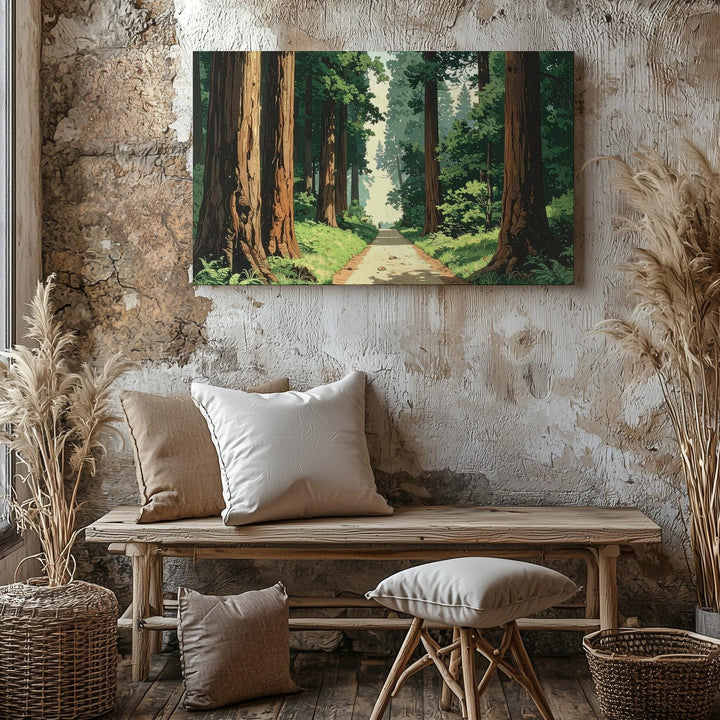 Redwood Journey Canvas – Stylized Forest Trail Through Towering Trees - Gifitto