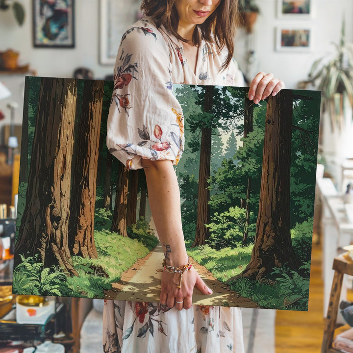 Redwood Journey Canvas – Stylized Forest Trail Through Towering Trees - Gifitto