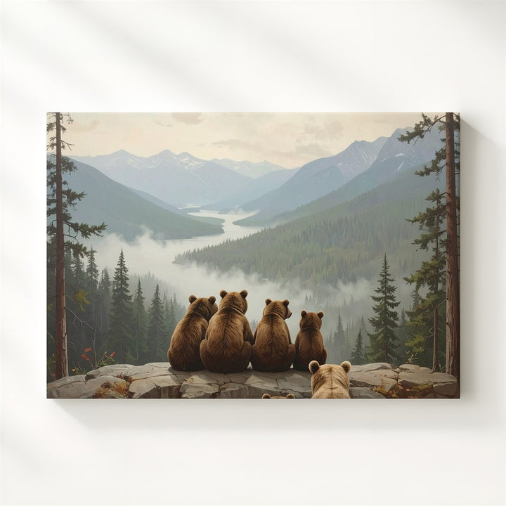 Bear Family Mountain View Canvas – Whimsical Woodland Illustration of Togetherness - Gifitto