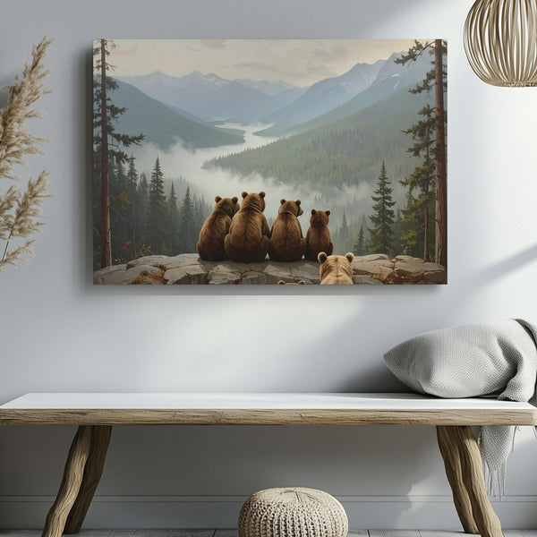 Bear Family Mountain View Canvas – Whimsical Woodland Illustration of Togetherness - Gifitto