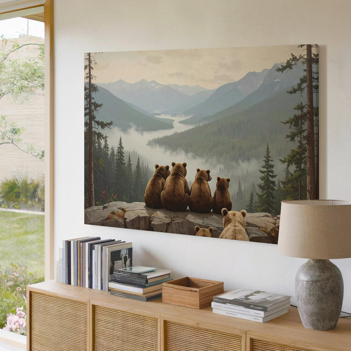 Bear Family Mountain View Canvas – Whimsical Woodland Illustration of Togetherness - Gifitto