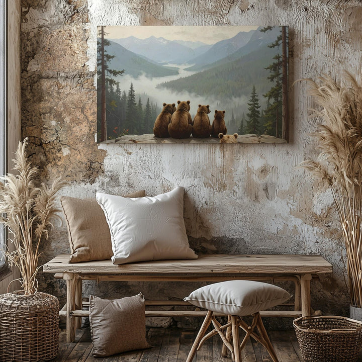Bear Family Mountain View Canvas – Whimsical Woodland Illustration of Togetherness - Gifitto