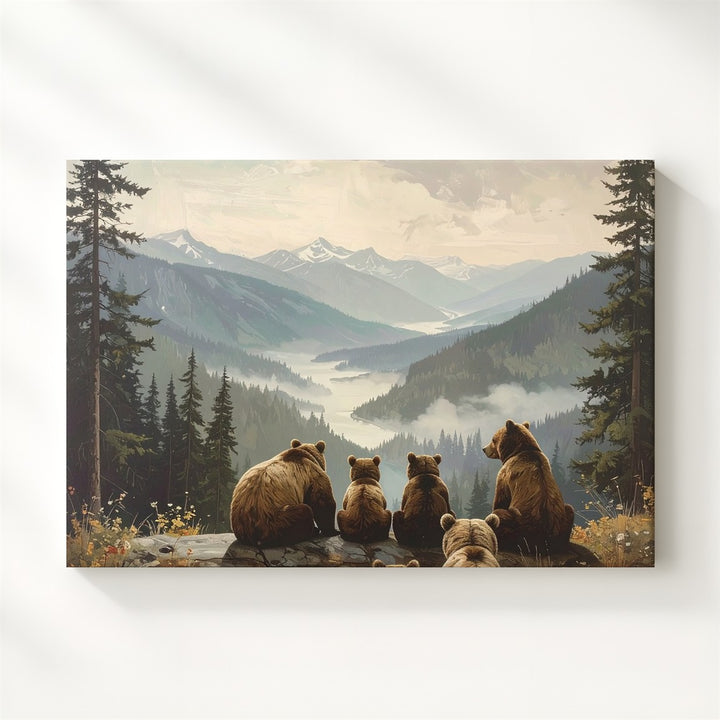 Contemplative Bear Family Canvas – Misty Mountain Wilderness Art - Gifitto