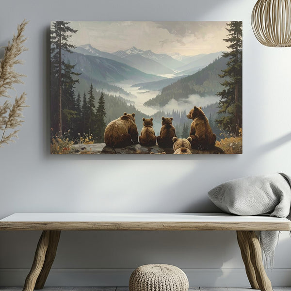 Contemplative Bear Family Canvas – Misty Mountain Wilderness Art - Gifitto