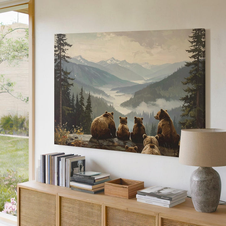 Contemplative Bear Family Canvas – Misty Mountain Wilderness Art - Gifitto