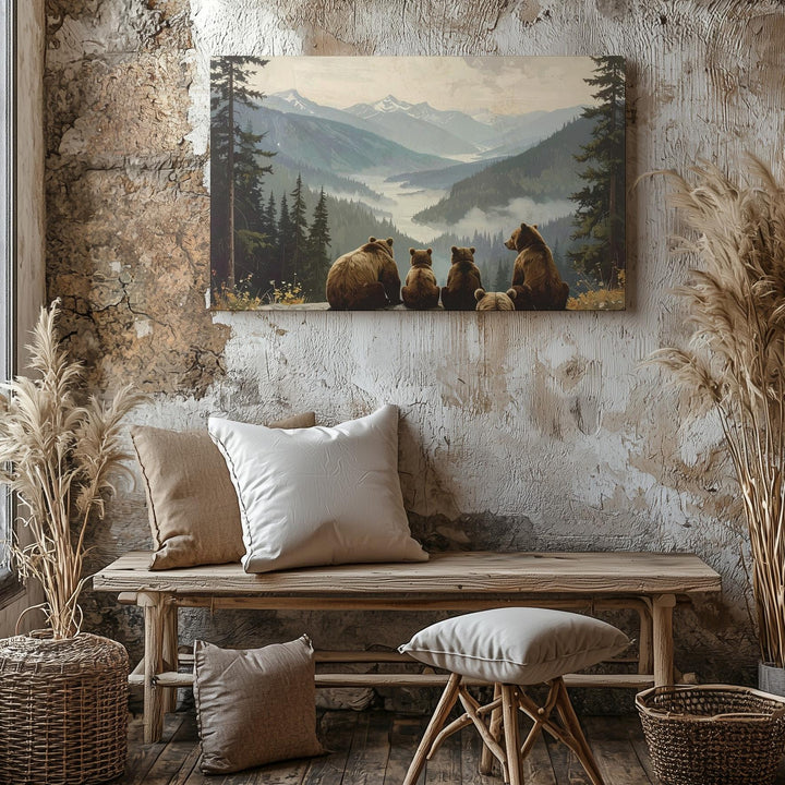 Contemplative Bear Family Canvas – Misty Mountain Wilderness Art - Gifitto