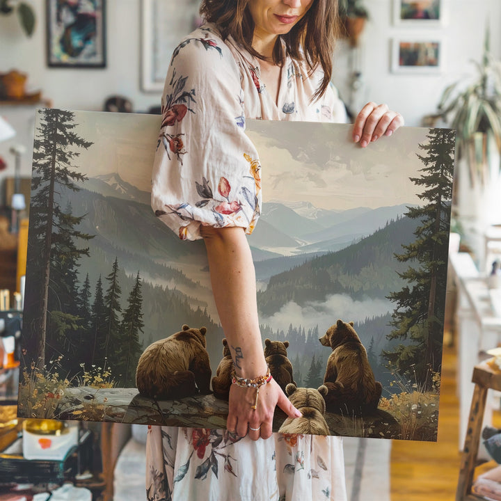 Contemplative Bear Family Canvas – Misty Mountain Wilderness Art - Gifitto