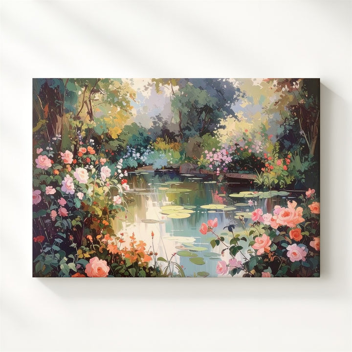 Impressionist Garden Pond Canvas – Pink Roses & Water Lilies Wall Art - Gifitto