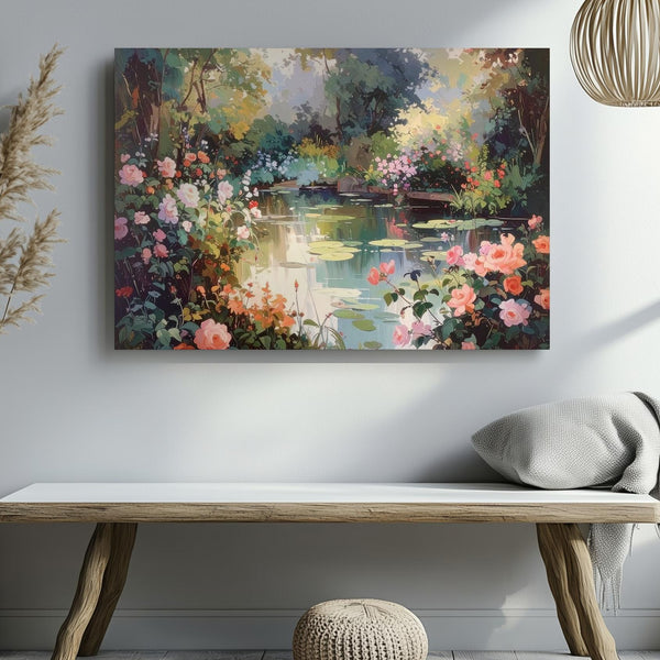 Impressionist Garden Pond Canvas – Pink Roses & Water Lilies Wall Art - Gifitto