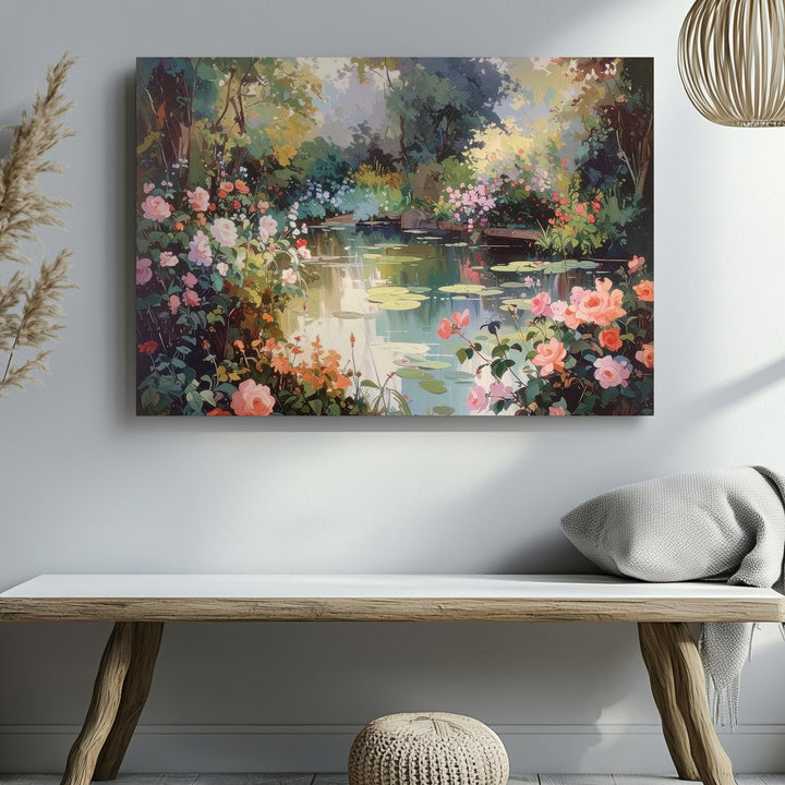 Impressionist Garden Pond Canvas – Pink Roses & Water Lilies Wall Art - Gifitto