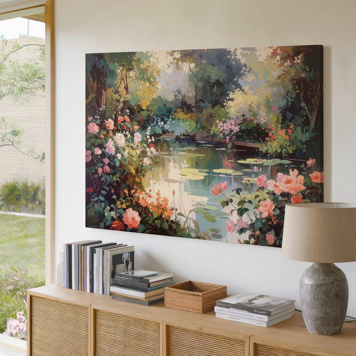 Impressionist Garden Pond Canvas – Pink Roses & Water Lilies Wall Art - Gifitto