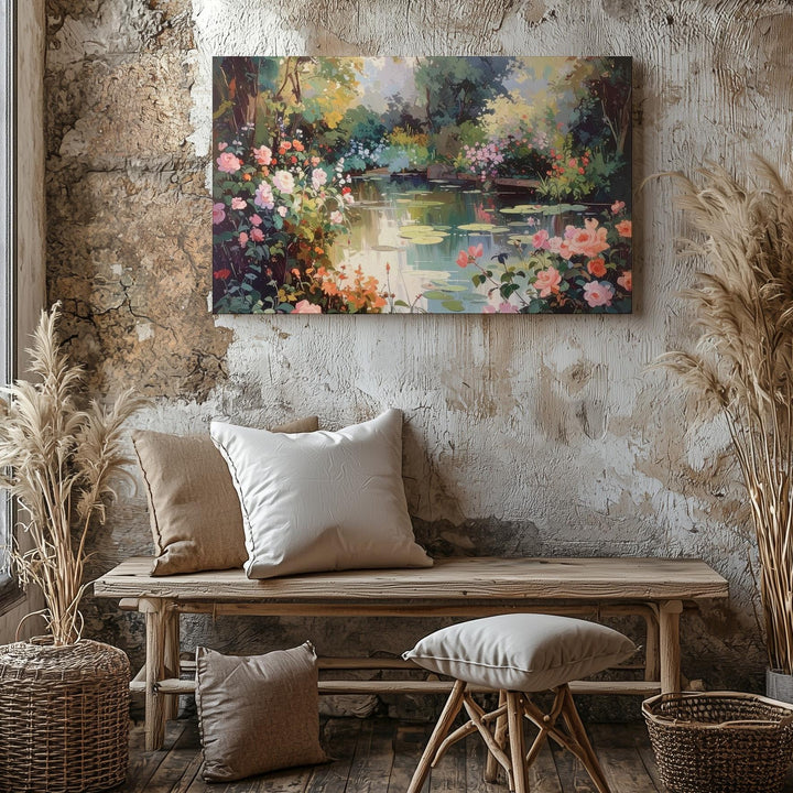Impressionist Garden Pond Canvas – Pink Roses & Water Lilies Wall Art - Gifitto