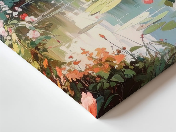 Impressionist Garden Pond Canvas – Pink Roses & Water Lilies Wall Art - Gifitto