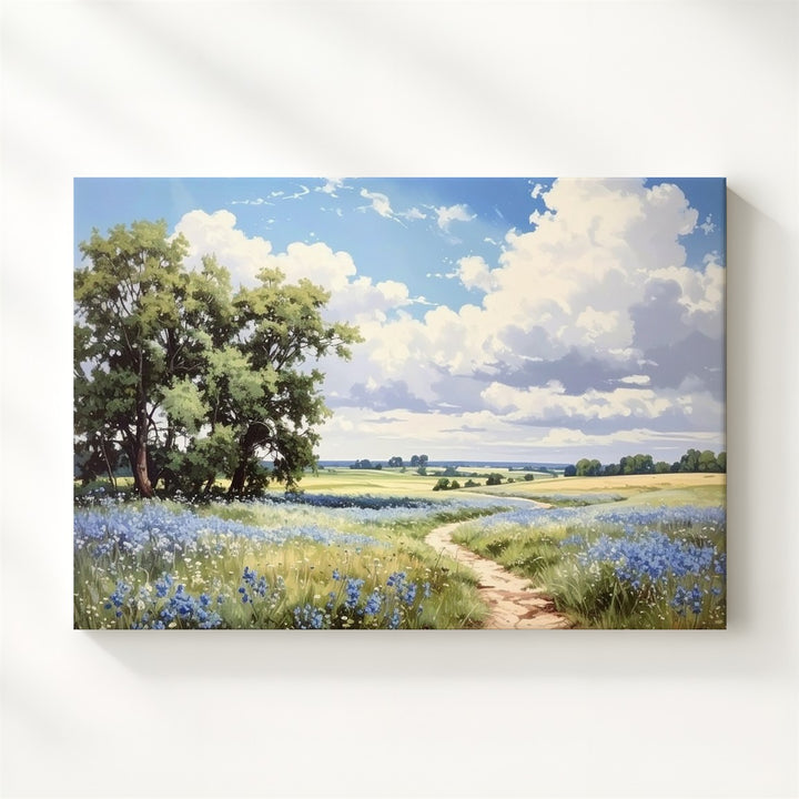 Blue Wildflower Path Canvas – Serene Summer Meadow Landscape Art - Gifitto