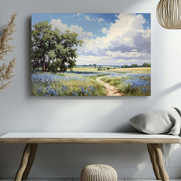 Blue Wildflower Path Canvas – Serene Summer Meadow Landscape Art - Gifitto