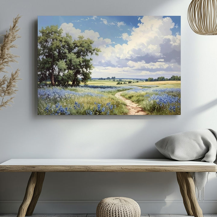 Blue Wildflower Path Canvas – Serene Summer Meadow Landscape Art - Gifitto